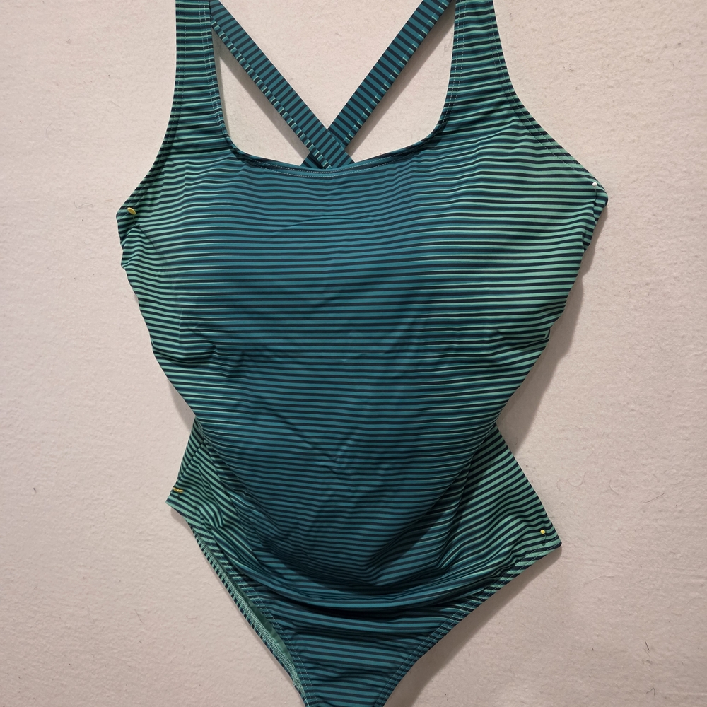 Womens Lands' End Teal Striped One-Piece Swimsuit